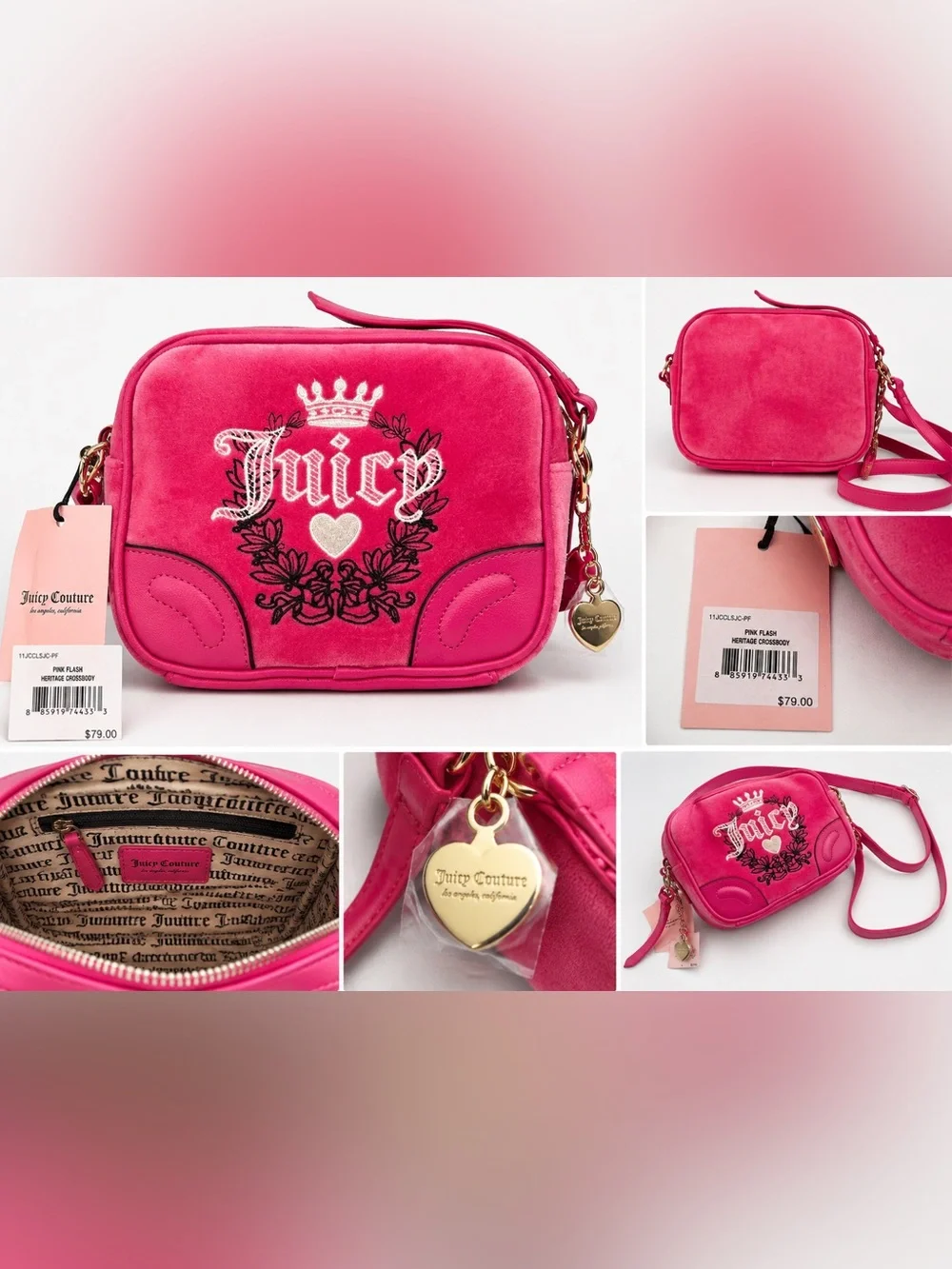 Juicy Couture Pink Flash Heritage Velour Crossbody Bag NWT Y2K